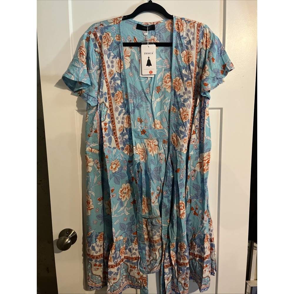 Zesica Womens Front Tying Sundress Beach Cover Up Floral Blue Orange Size Large